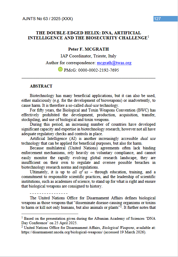 THE DOUBLE-EDGED HELIX: DNA, ARTIFICIAL INTELLIGENCE AND THE BIOSECURITY CHALLENGE