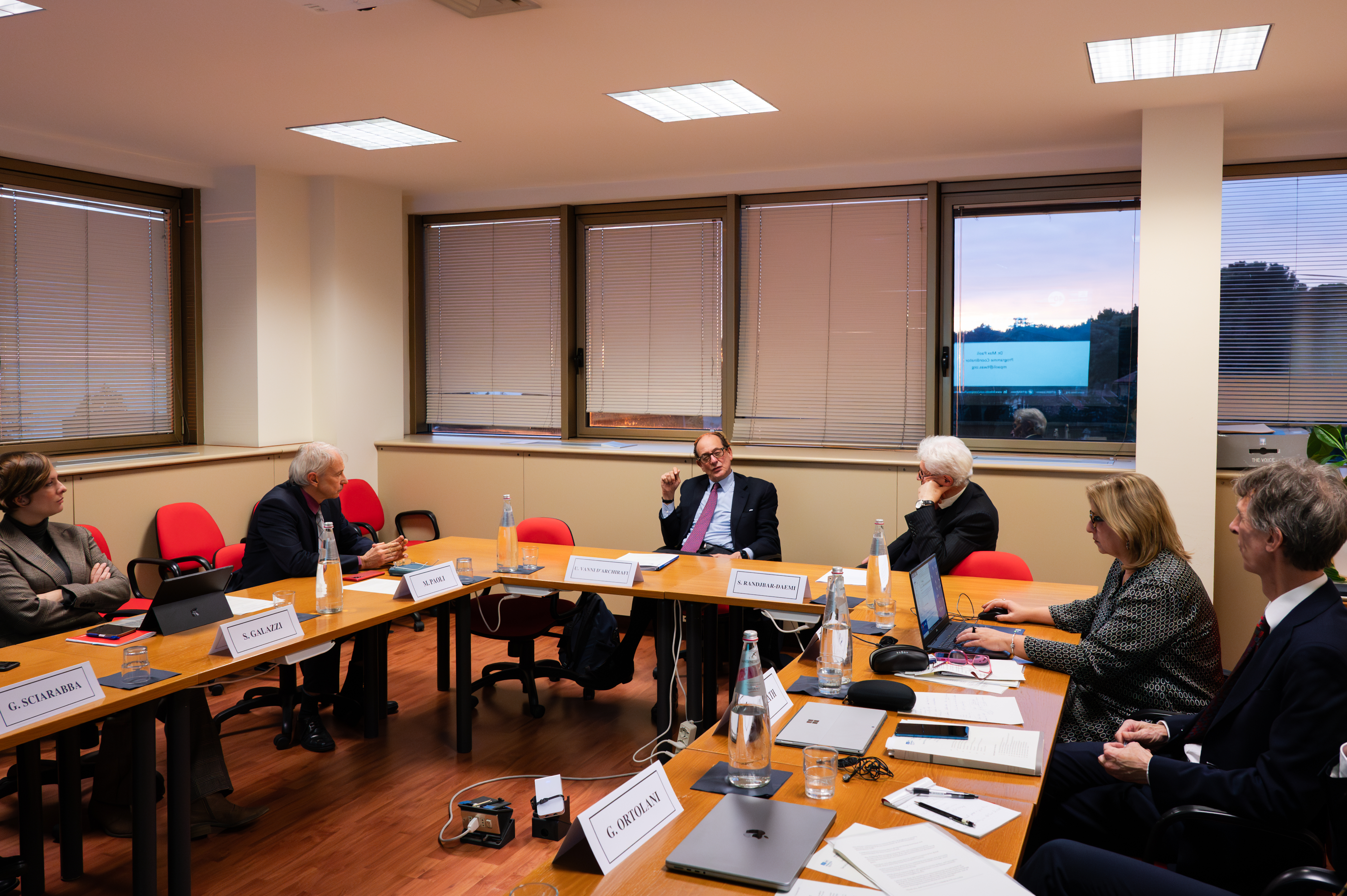 Left to right: OWSD Associate Programme Manager Sena Galazzi, TWAS Programme Coordinator Max Paoli, Min. Plen. Uberto Vanni d'Archirafi, Seifallah Randjbar Daemi, TWAS Senior Secretarial Assistant Sandra Ravalico, IAP Coordinator Peter McGrath (Photo: H. Gergolet/TWAS).