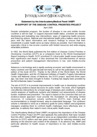 Statement on Launch of Disease Control Priorities Project Cover
