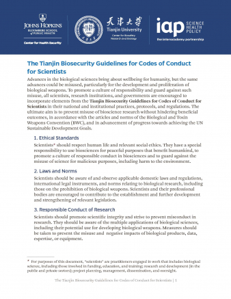 The Tianjin Biosecurity Guidelines for Codes of Conduct for Scientists - cover