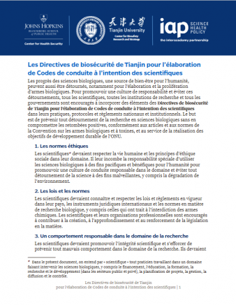 The Tianjin Biosecurity Guidelines for Codes of Conduct for Scientists (French version)