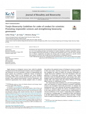 Tianjin Biosecurity Guidelines for codes of conduct for scientists: Promoting responsible sciences and strengthening biosecurity governance
