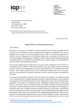 IAP letter on the Food Systems Summit to the UN DG Guterres
