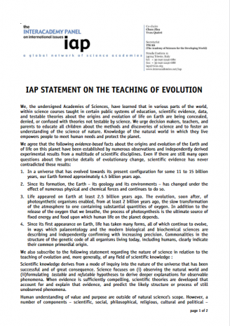 IAP Statement on the Teaching of Evolution