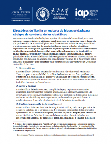 The Tianjin Biosecurity Guidelines for Codes of Conduct for Scientists (Spanish version)