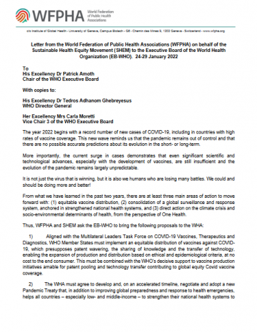 Letter from the World Federation of Public Health Associations (WFPHA) on behalf of the Sustainable Health Equity Movement (SHEM) to the Executive Board of the World Health  Organization (EB-WHO).