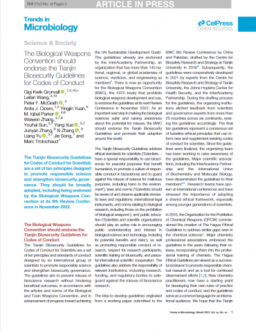 The Biological Weapons Convention should endorse the Tianjin Biosecurity Guidelines for Codes of Conduct