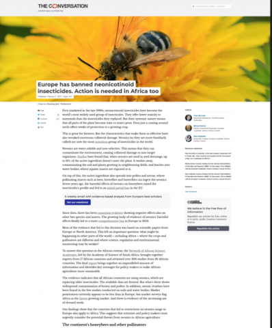 Neonicotinoids in Europe and Africa article from The Conversation cover