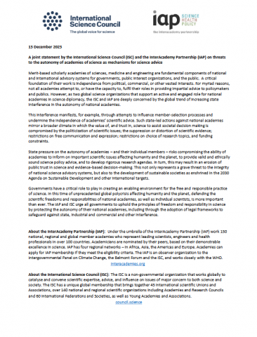 Joint Statement: Threats to the Autonomy of Academies of Science as Mechanisms for Science Advice